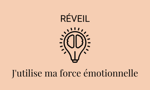 Image d'un cerveau dans une ampoule avec écrit autour "réveil : j'utilise ma force émotionnelle"